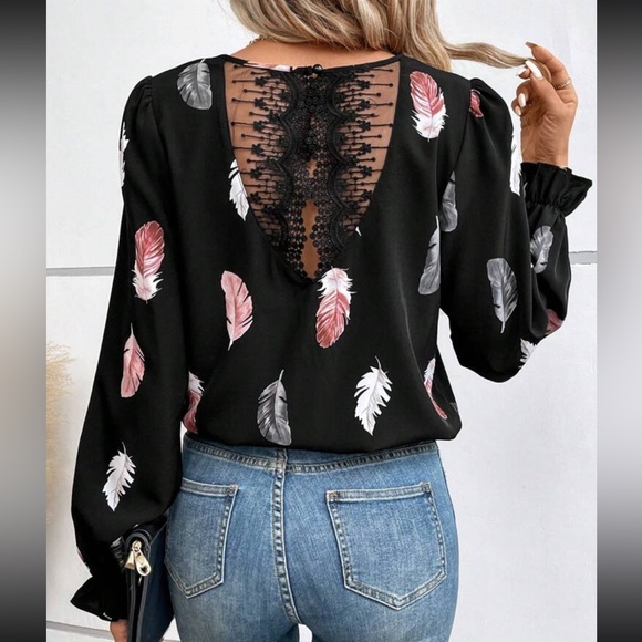 Black Feather Print Sheer mesh Lace Back Long Sleeve Blouse Top Shirt - Picture 3 of 5